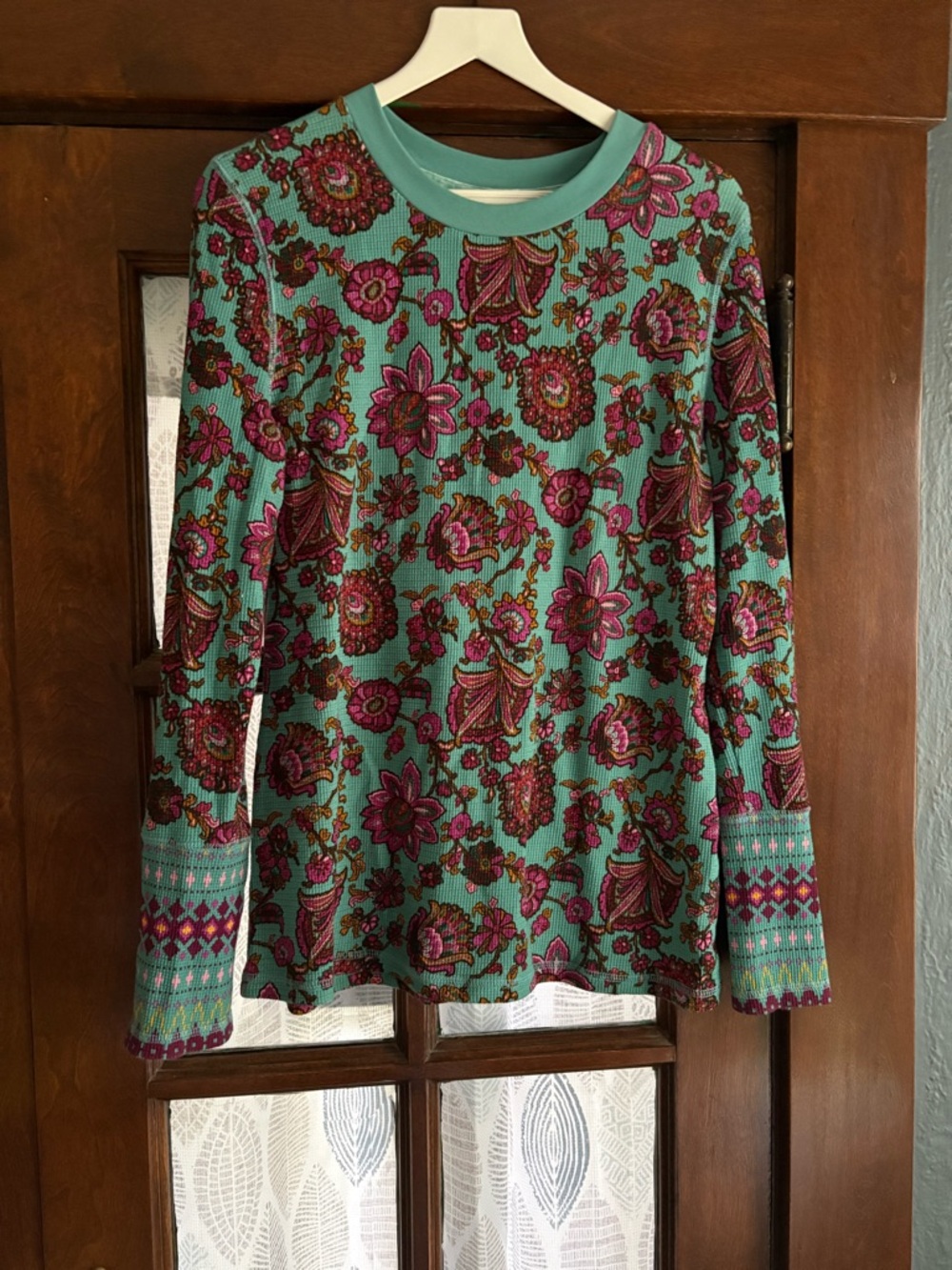NWOT Sundance Teal Floral Paisley Cotton Waffle Knit Thermal Top